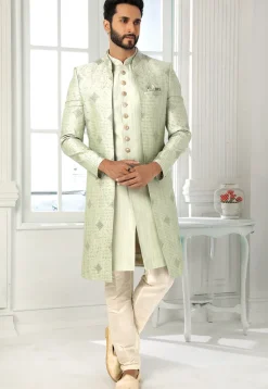 Embroidered Art Silk Kurta Jacket Set in Light Green