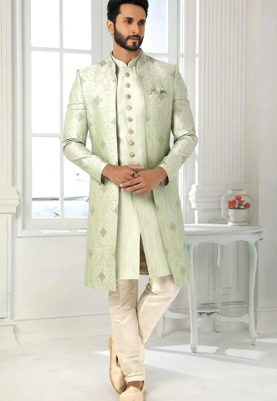 Embroidered Art Silk Kurta Jacket Set in Light Green