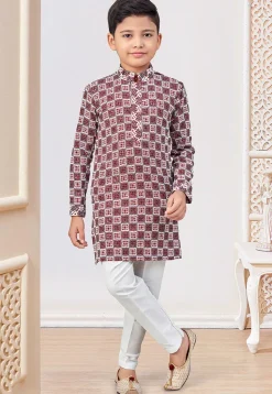 Embroidered Art Silk Kurta Set in Maroon