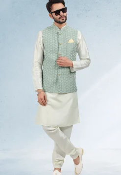Embroidered Art Silk Kurta Jacket Set in Cream and Dusty Green