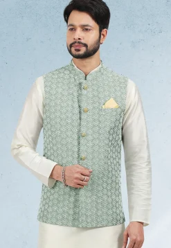 Embroidered Art Silk Kurta Jacket Set in Cream and Dusty Green