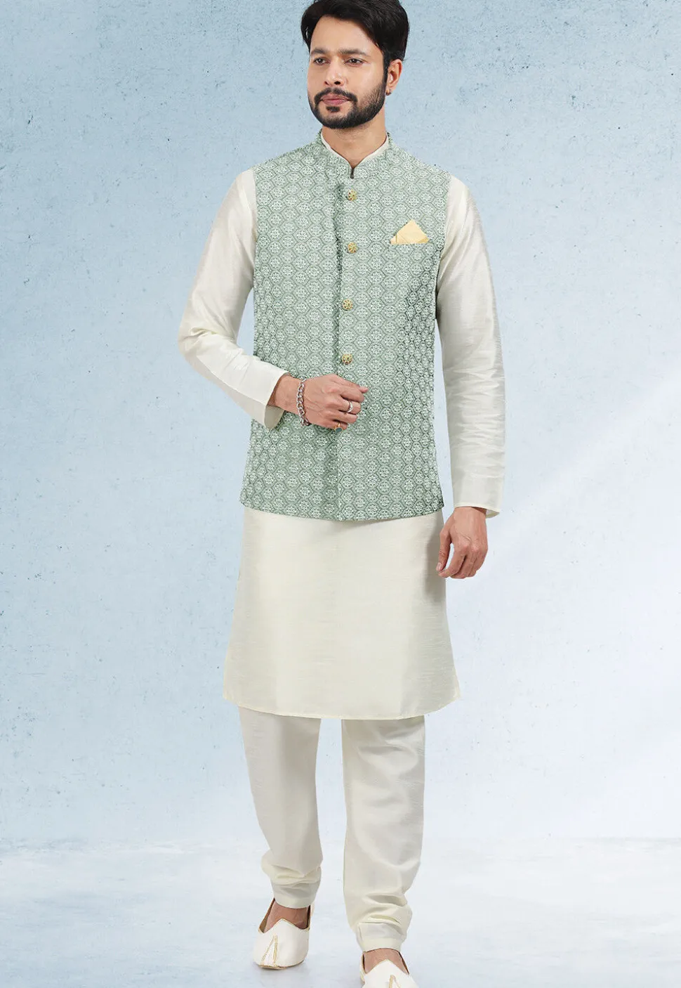 Embroidered Art Silk Kurta Jacket Set in Cream and Dusty Green