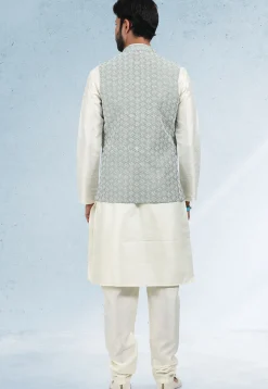 Embroidered Art Silk Kurta Jacket Set in Cream and Dusty Green