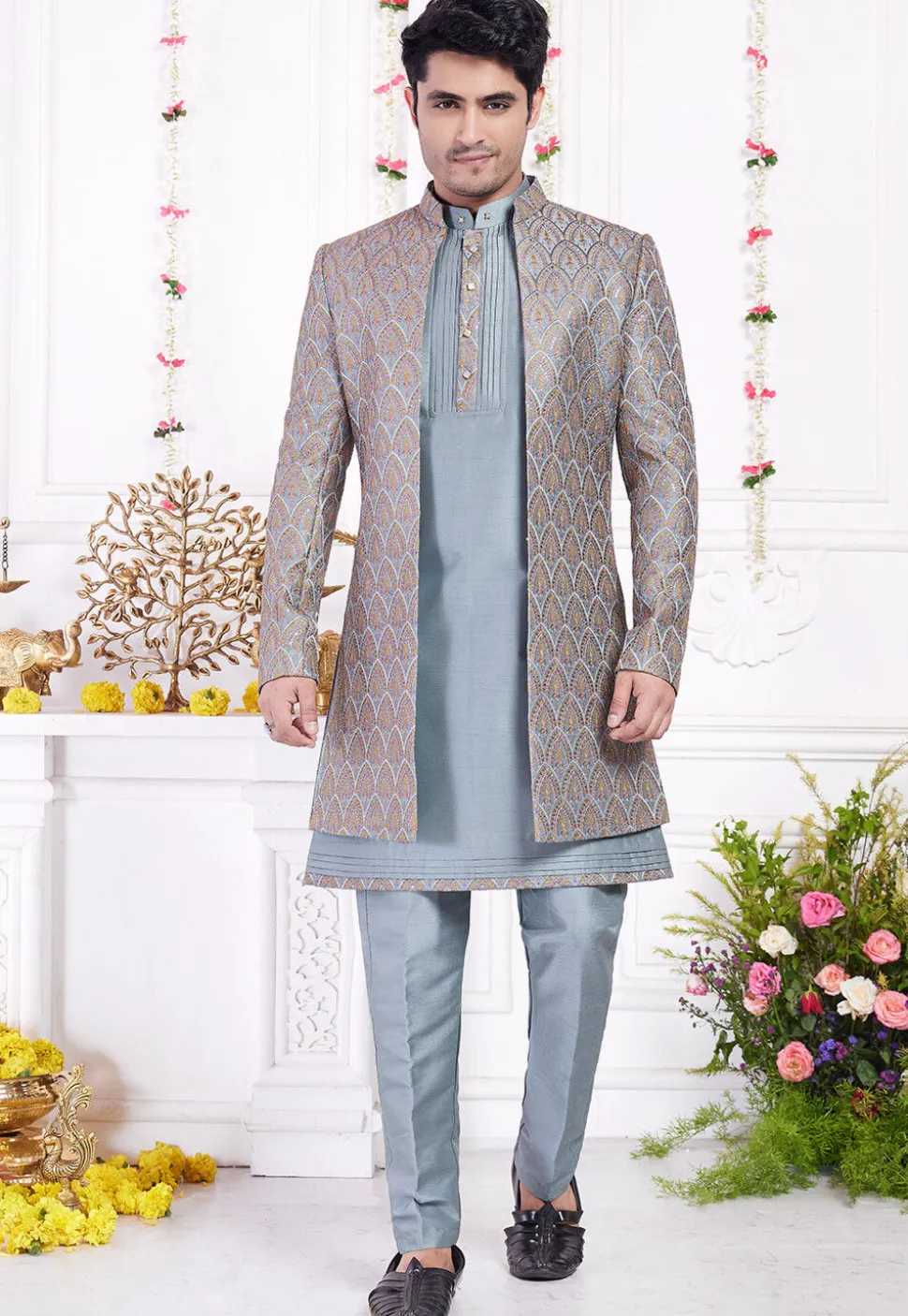 Embroidered Art Silk Kurta Set in Dusty Blue
