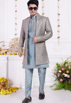 Embroidered Art Silk Kurta Set in Dusty Blue