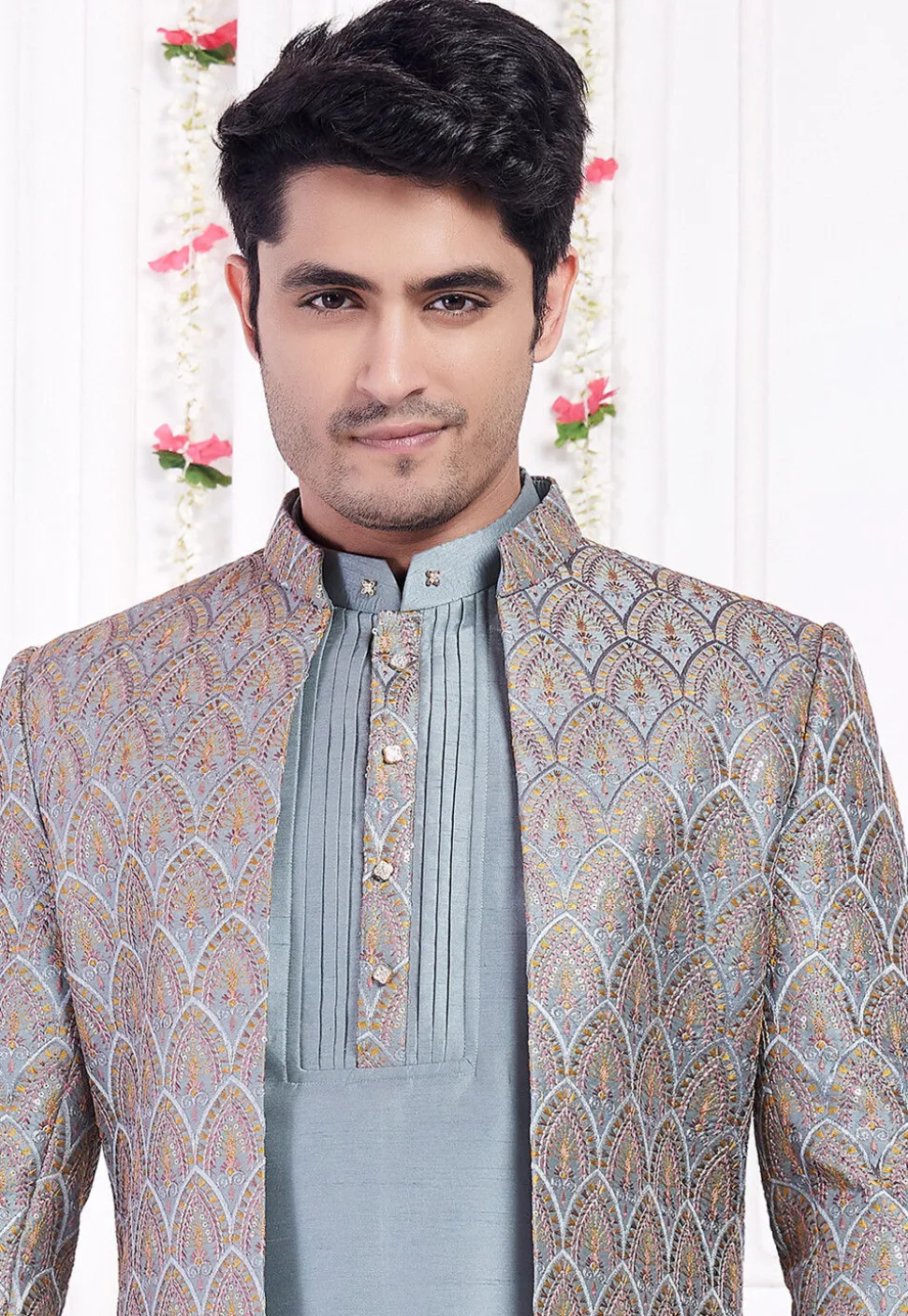 Embroidered Art Silk Kurta Set in Dusty Blue