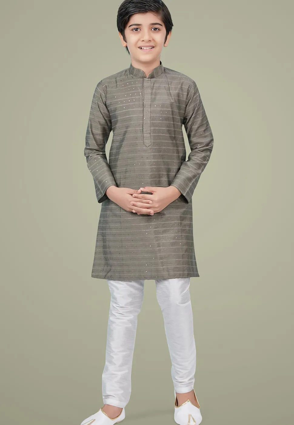 Embroidered Art Silk Kurta Set in Grey