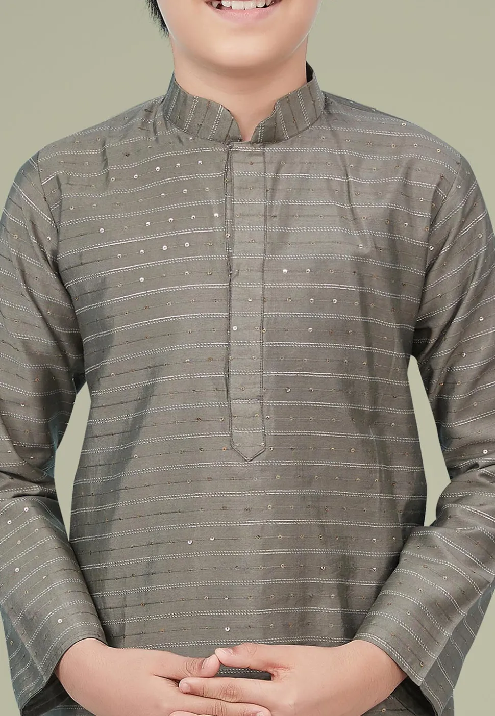 Embroidered Art Silk Kurta Set in Grey