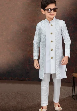 Embroidered Art Silk Layered Sherwani in Off White