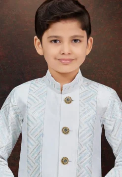 Embroidered Art Silk Layered Sherwani in Off White
