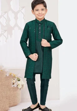 Embroidered Art Silk Layered Sherwani in Dark Green
