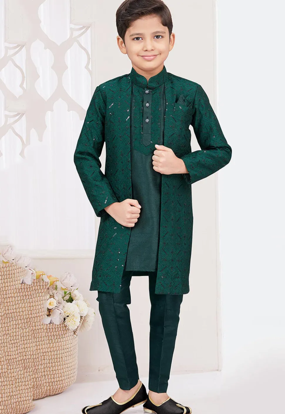 Embroidered Art Silk Layered Sherwani in Dark Green