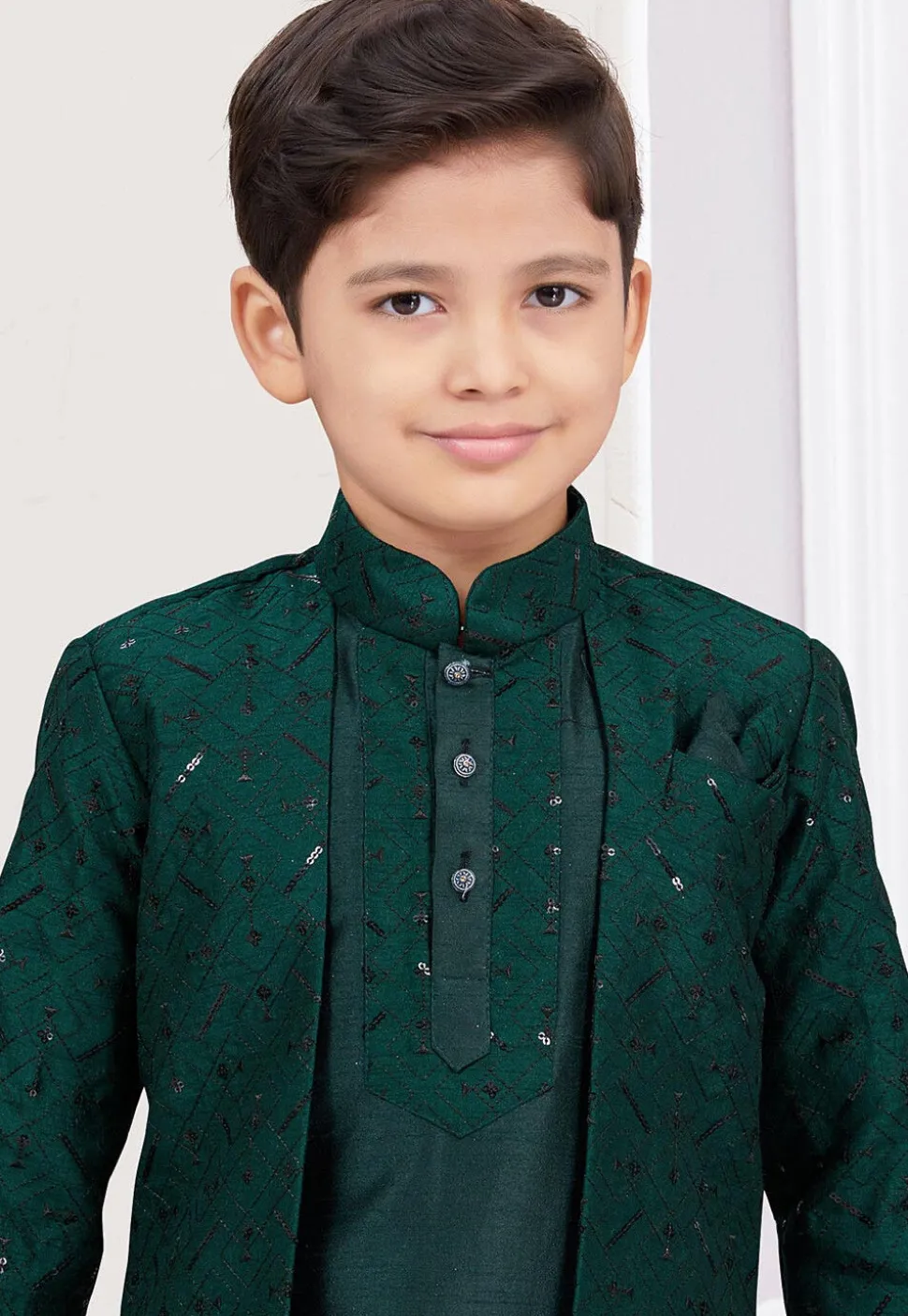 Embroidered Art Silk Layered Sherwani in Dark Green