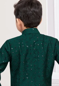 Embroidered Art Silk Layered Sherwani in Dark Green