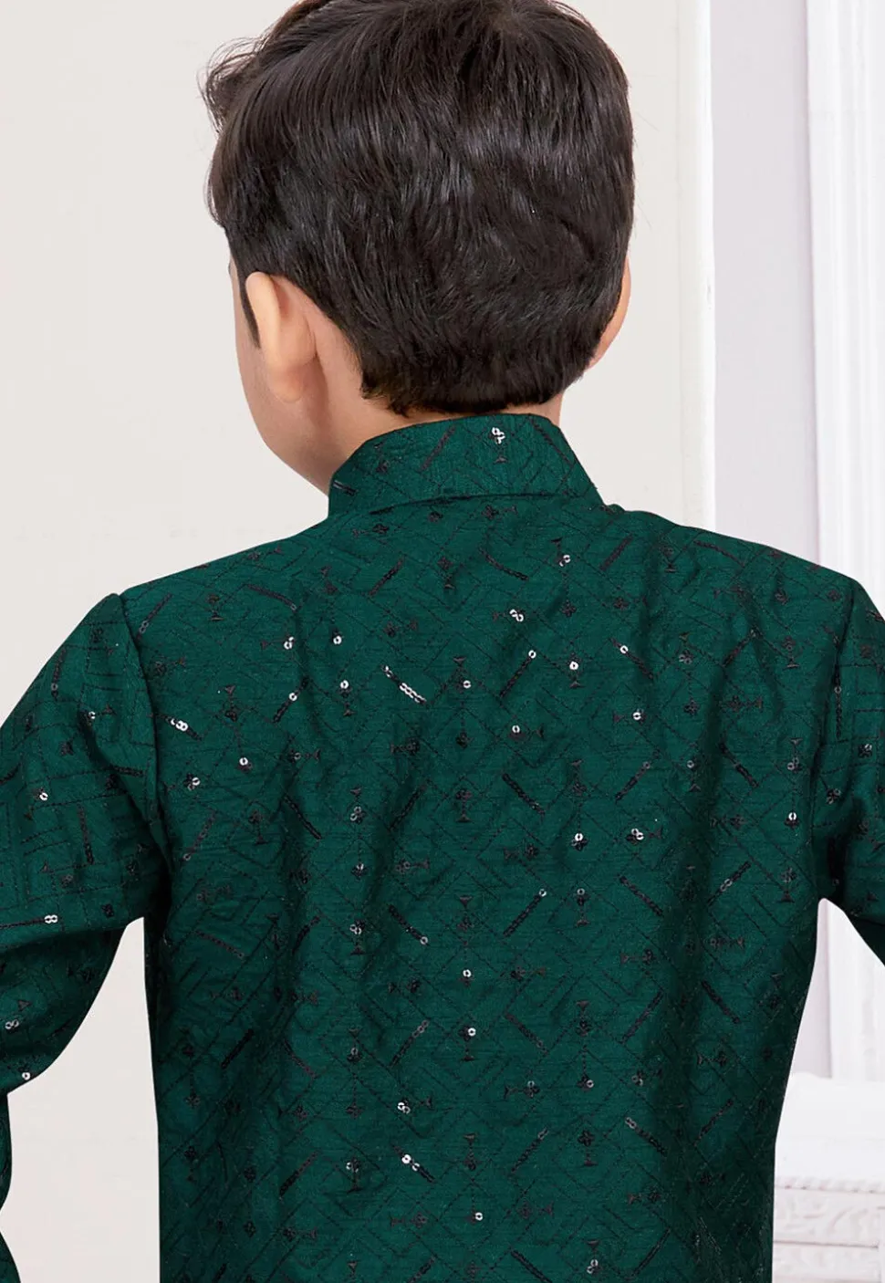 Embroidered Art Silk Layered Sherwani in Dark Green