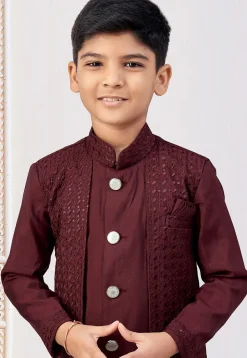 Embroidered Art Silk Layered Sherwani in Maroon