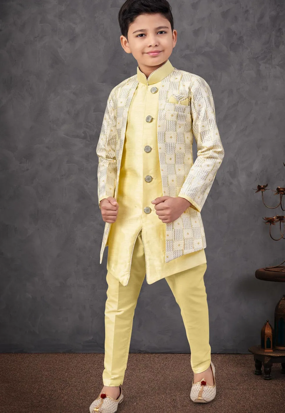 Embroidered Art Silk Layered Sherwani in Yellow