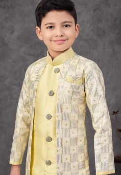 Embroidered Art Silk Layered Sherwani in Yellow