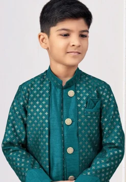 Embroidered Art Silk Layered Sherwani in Teal Green