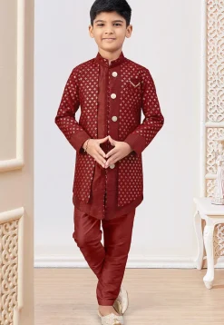 Embroidered Art Silk Layered Sherwani in Red
