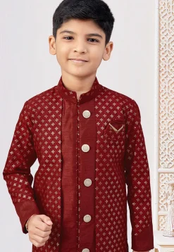 Embroidered Art Silk Layered Sherwani in Red