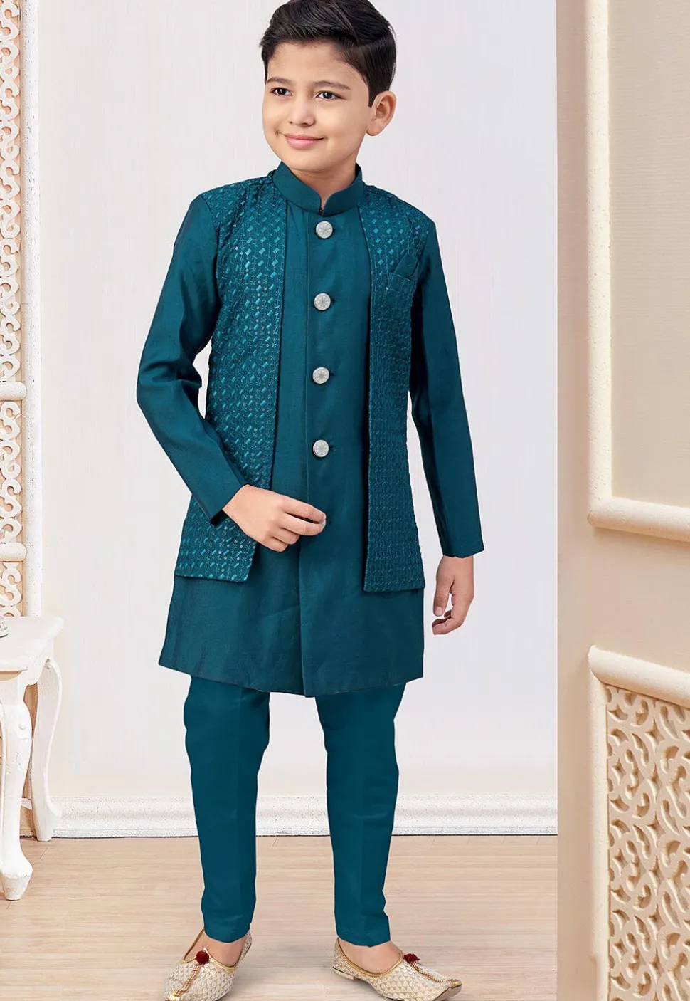 Embroidered Art Silk Layered Sherwani in Teal Blue
