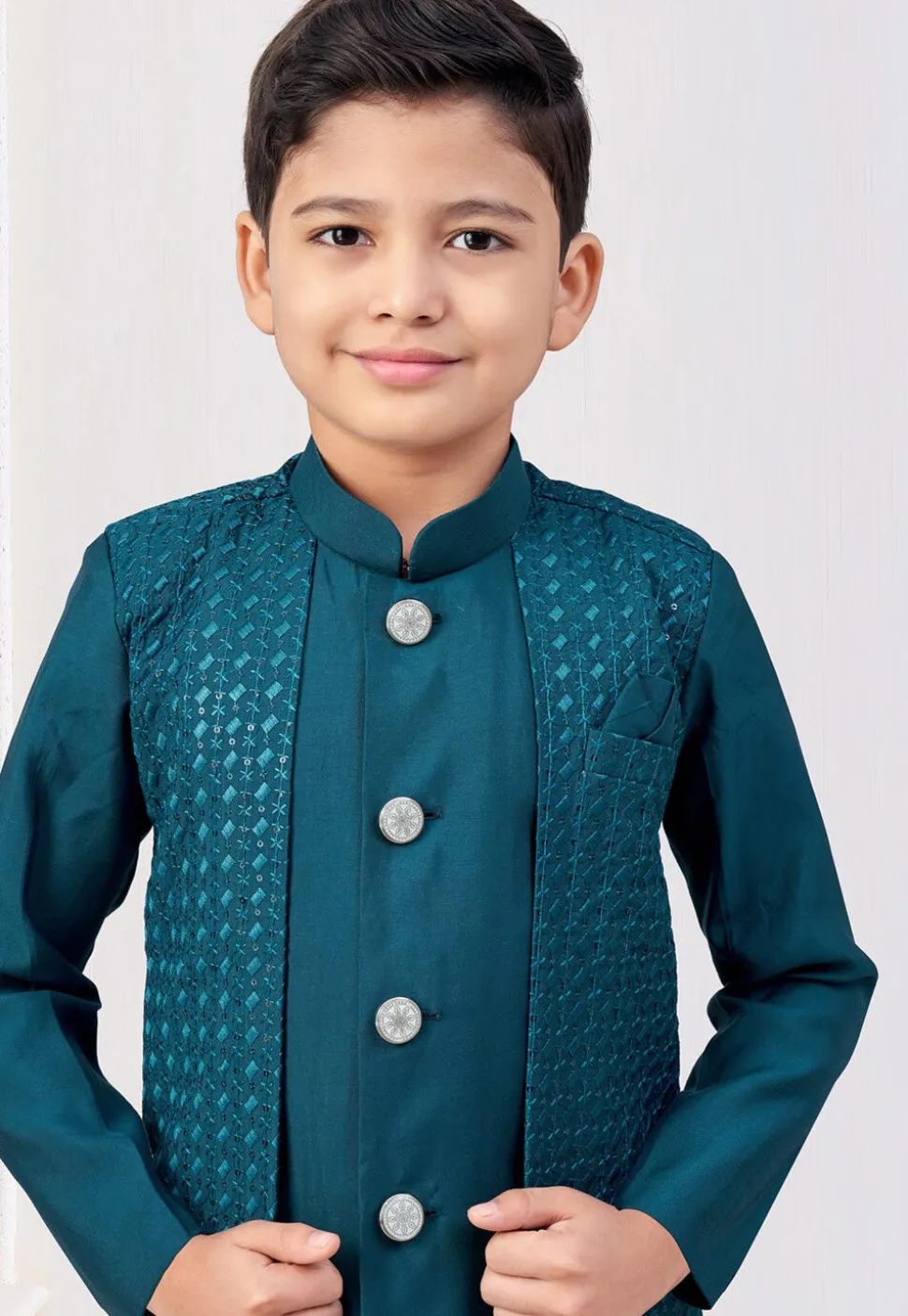 Embroidered Art Silk Layered Sherwani in Teal Blue