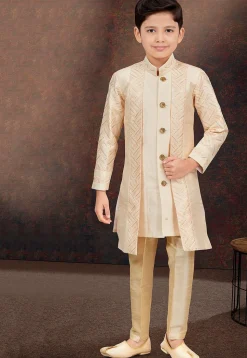 Embroidered Art Silk Layered Sherwani in Beige and Cream