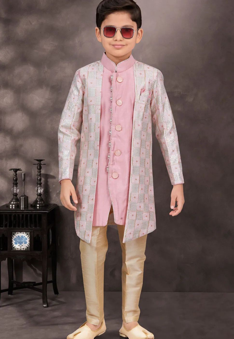Embroidered Art Silk Layered Sherwani in Pink and Off White