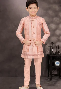 Embroidered Art Silk Layered Sherwani in Peach