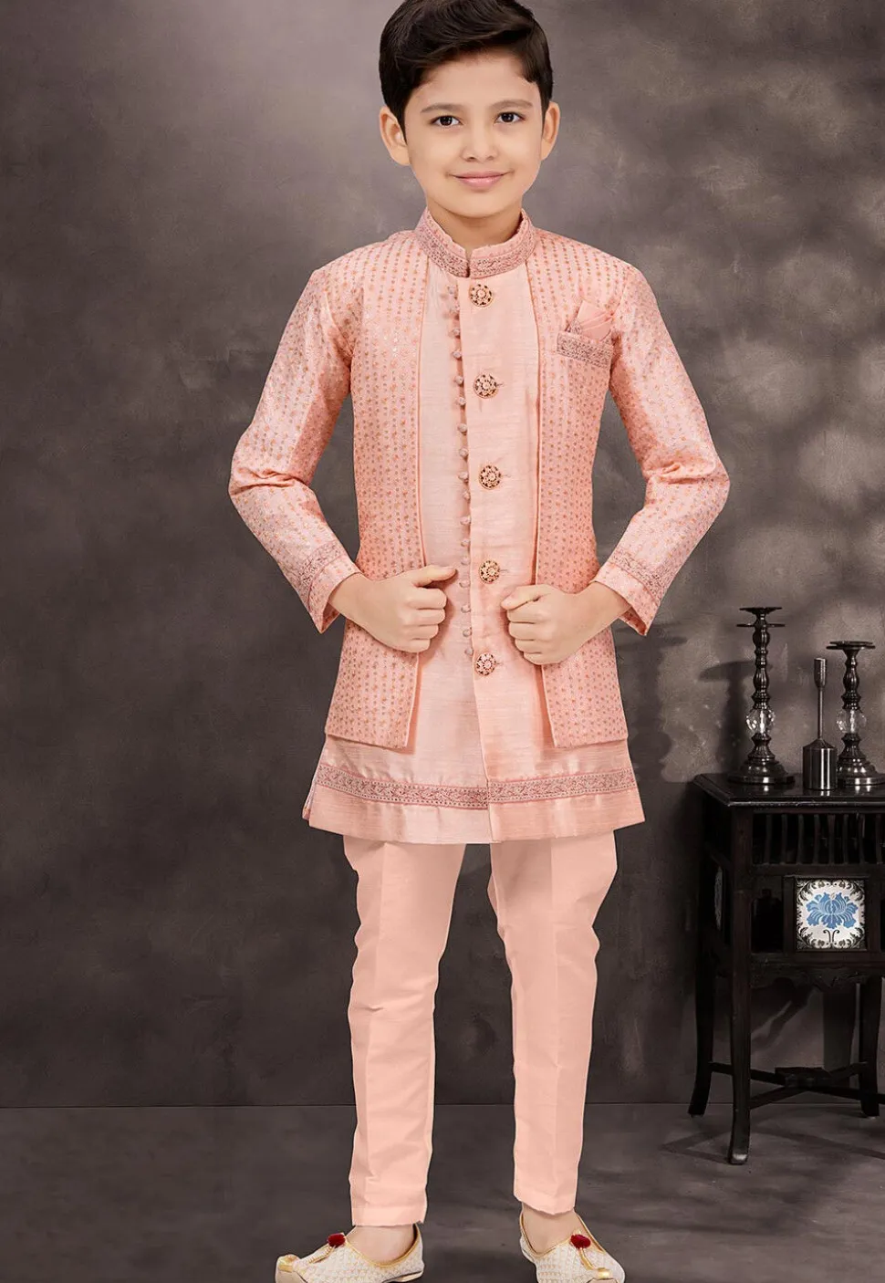 Embroidered Art Silk Layered Sherwani in Peach