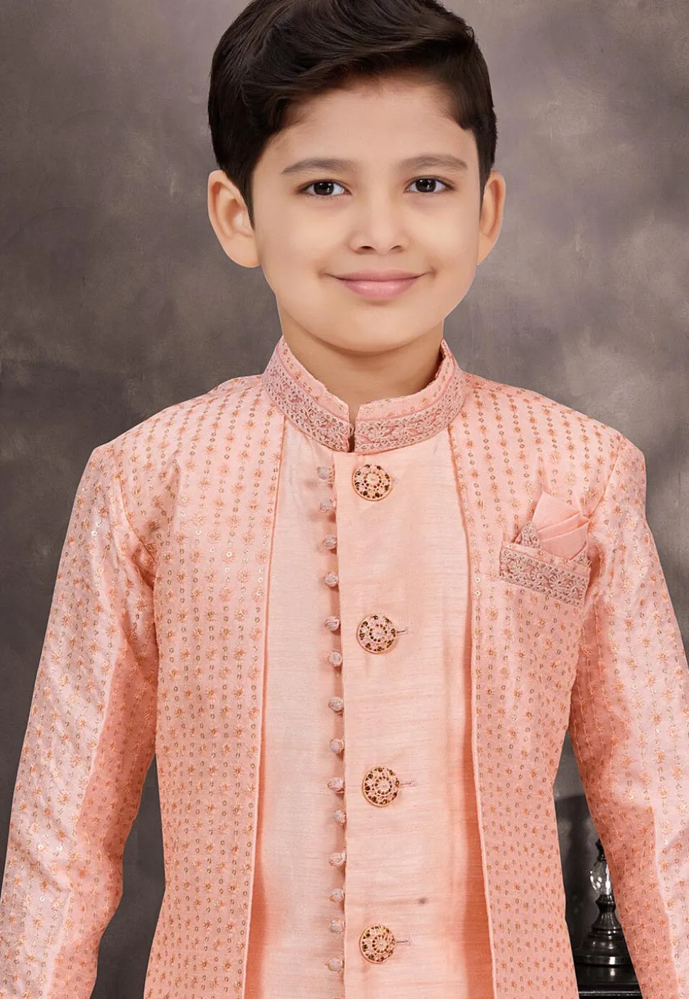 Embroidered Art Silk Layered Sherwani in Peach