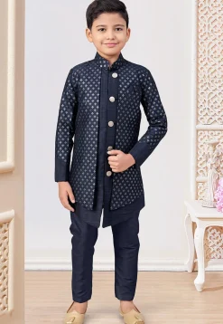 Embroidered Art Silk Layered Sherwani in Navy Blue