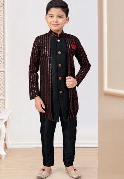Embroidered Art Silk Layered Sherwani in Black