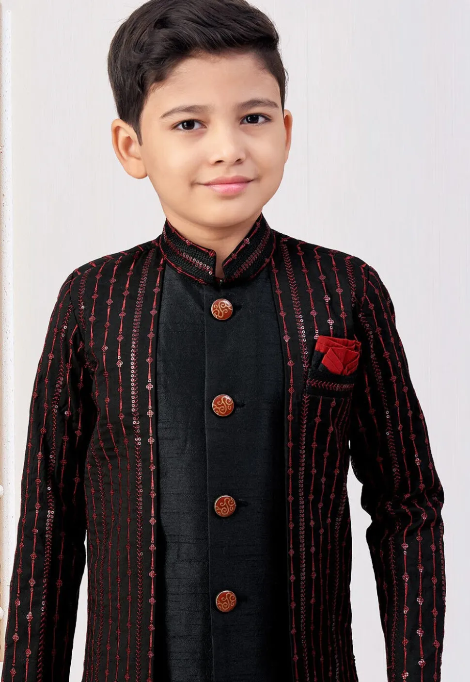 Embroidered Art Silk Layered Sherwani in Black