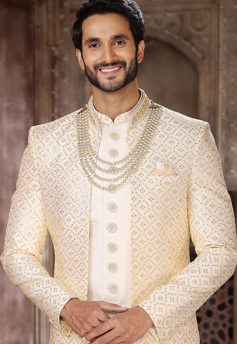Embroidered Art Silk Layered Sherwani in Cream