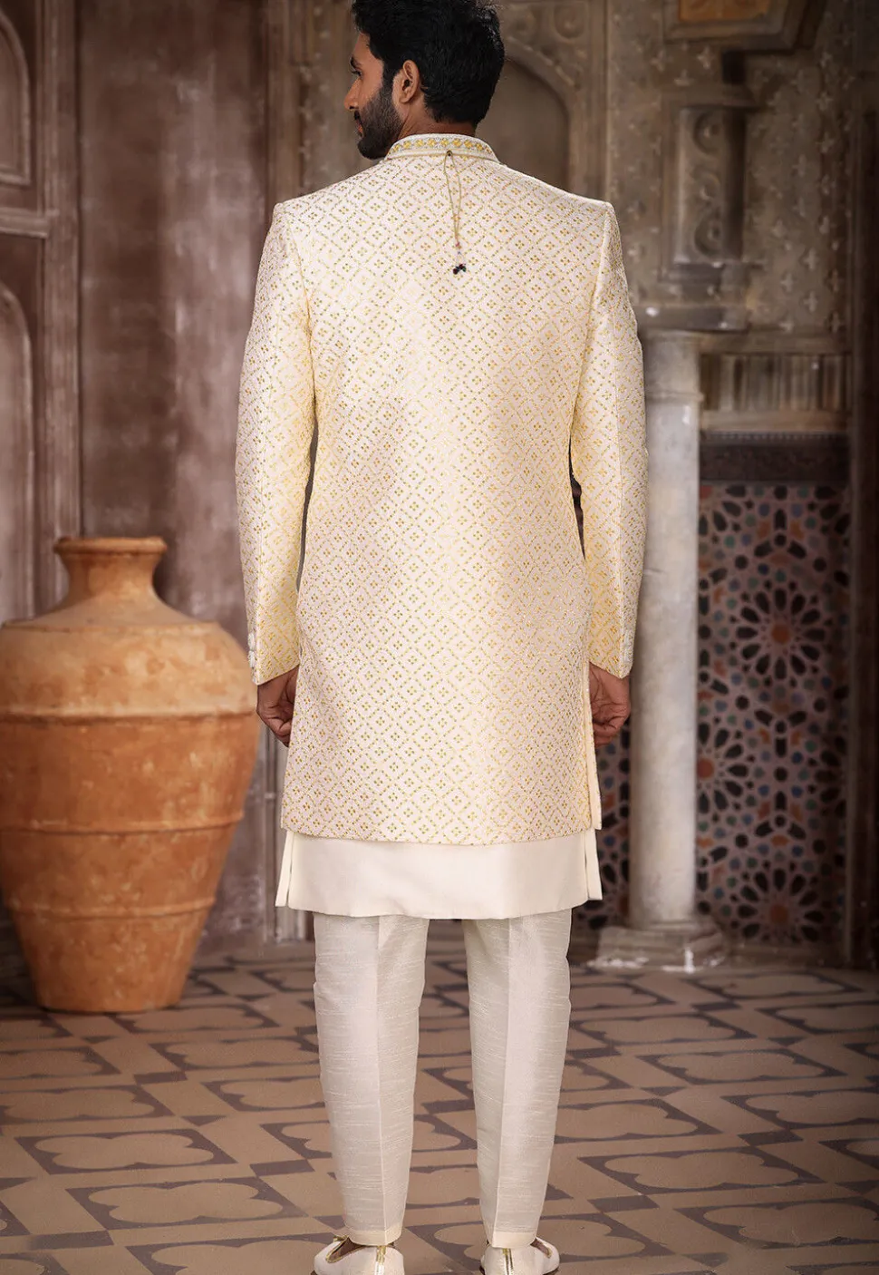 Embroidered Art Silk Layered Sherwani in Cream