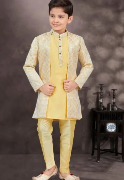Embroidered Art Silk Layered Sherwani in Yellow
