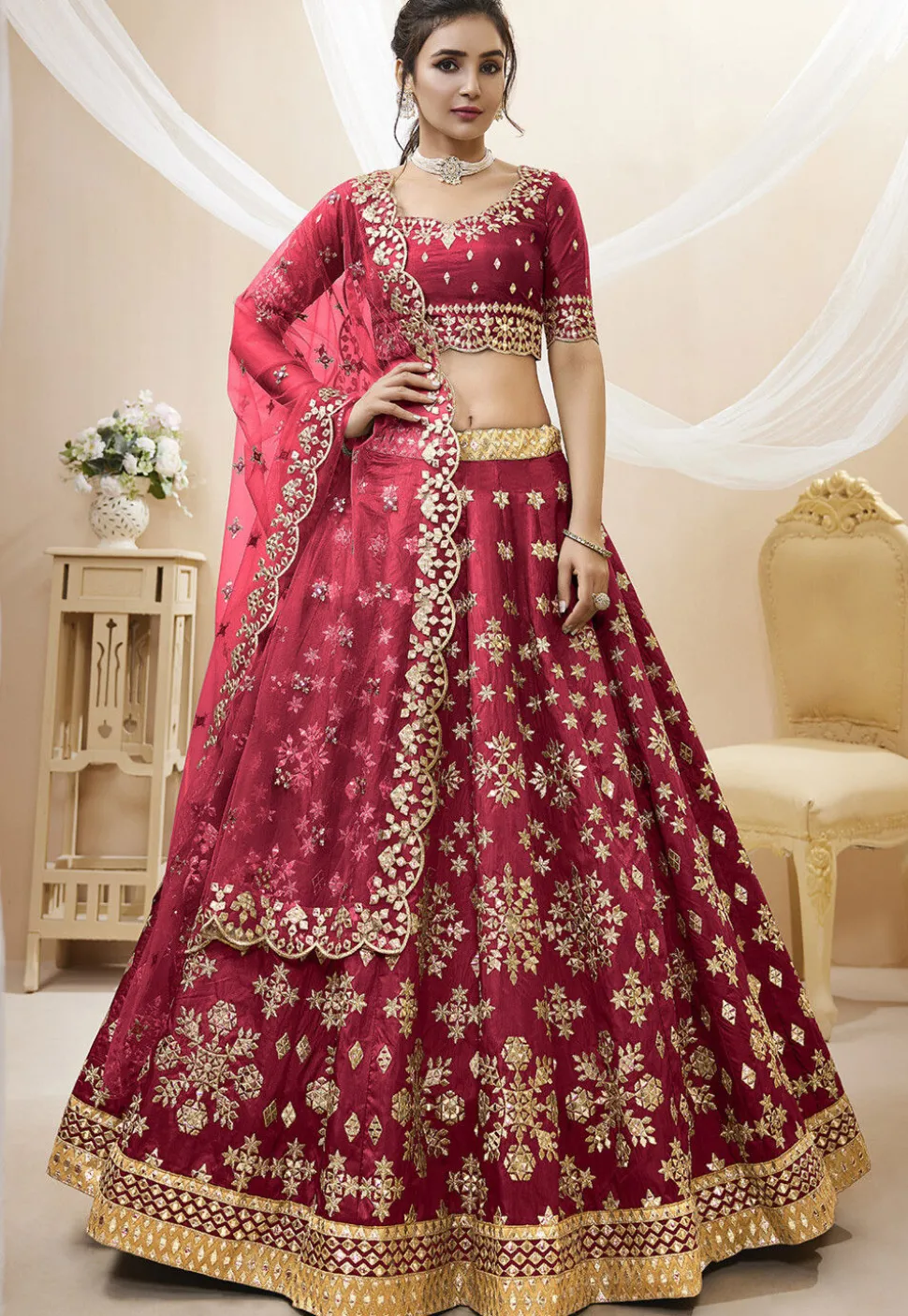 Embroidered Art Silk Lehenga in Maroon