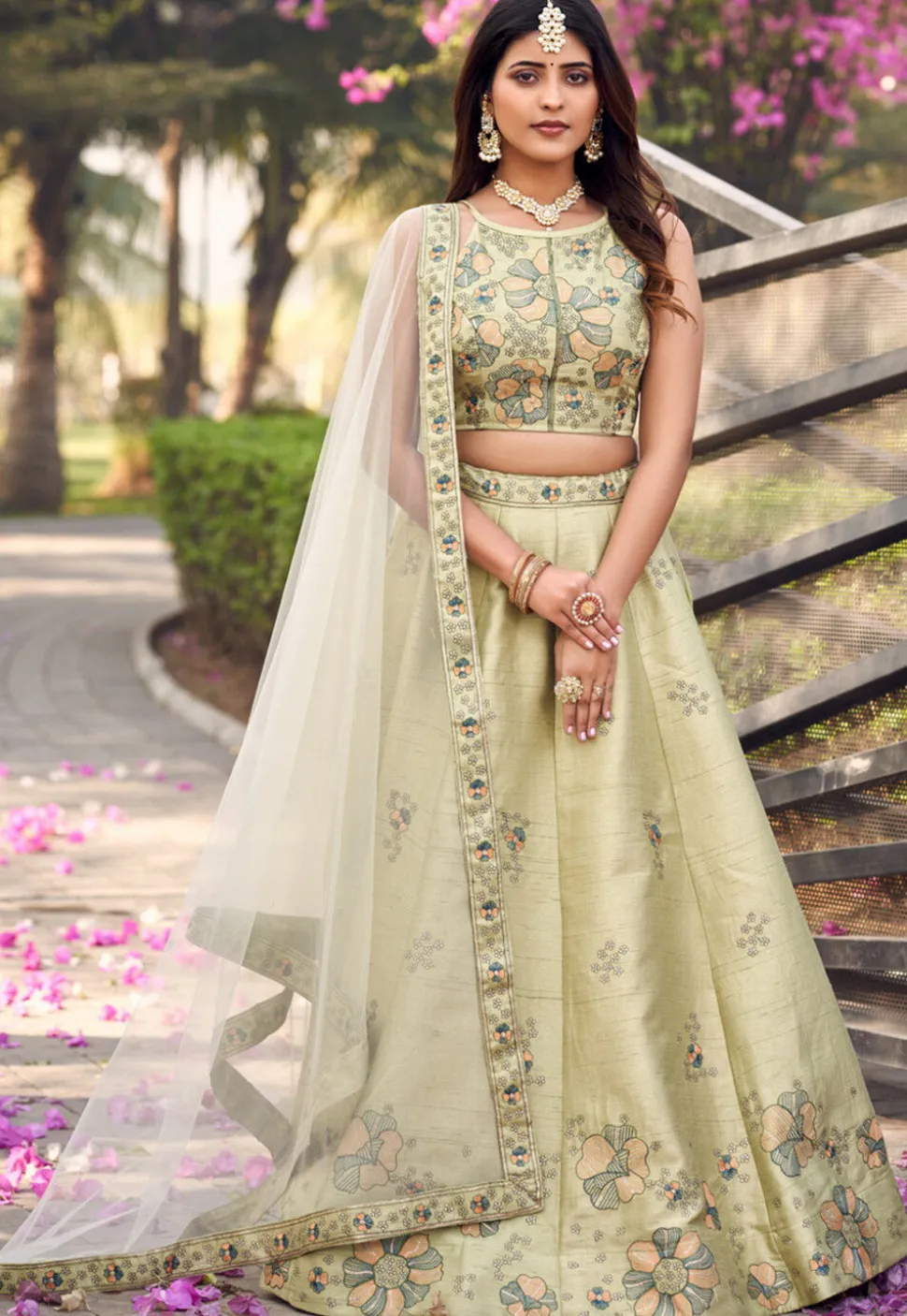 Embroidered Art Silk Lehenga in Light Green
