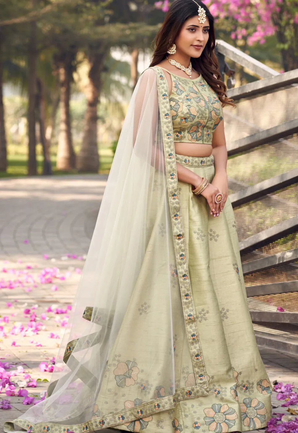 Embroidered Art Silk Lehenga in Light Green