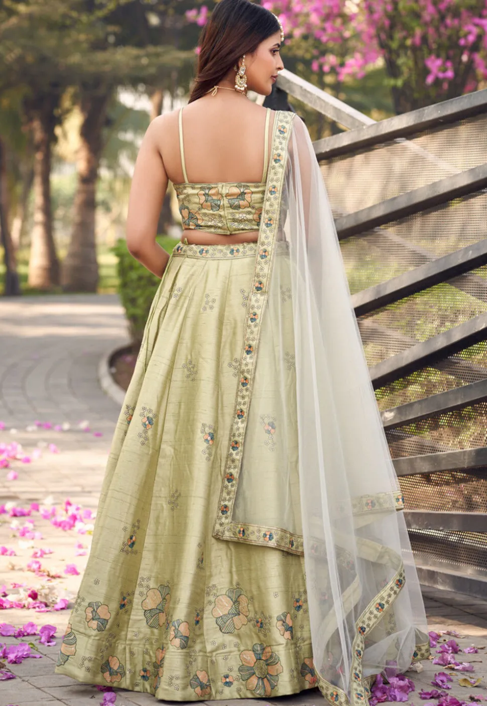 Embroidered Art Silk Lehenga in Light Green