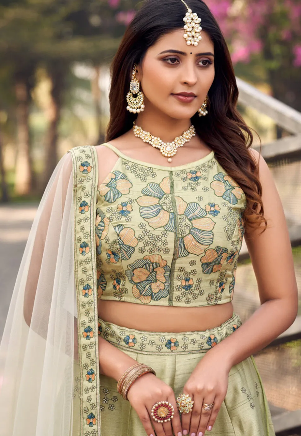 Embroidered Art Silk Lehenga in Light Green