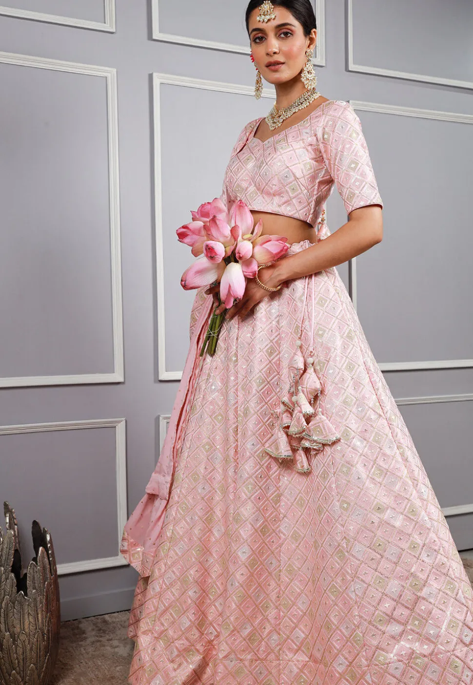 Embroidered Art Silk Lehenga in Baby Pink