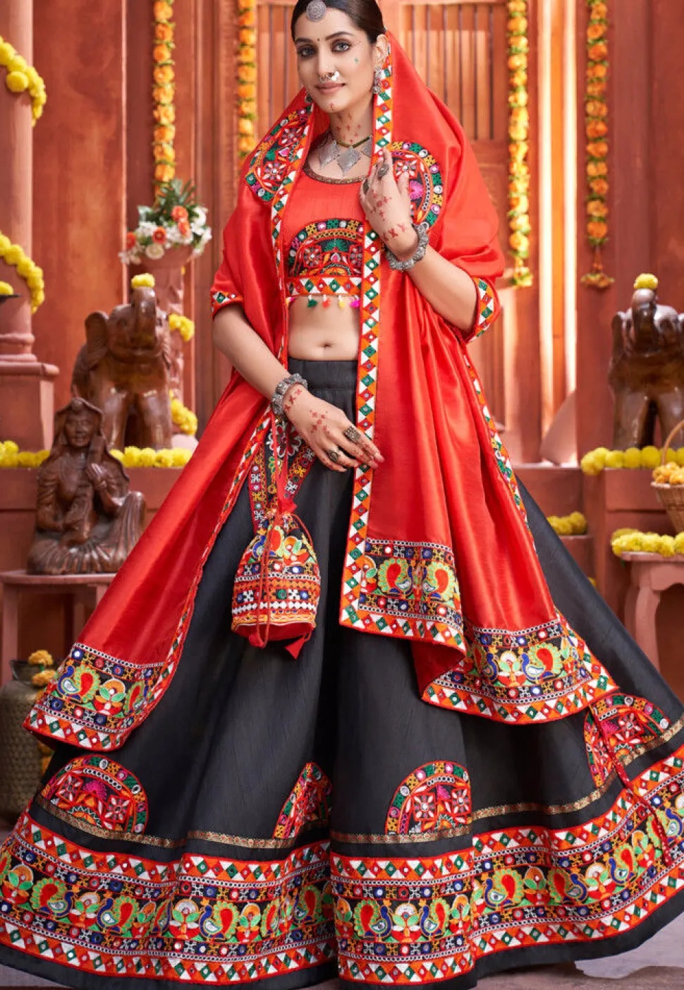 Embroidered Art Silk Lehenga in Black