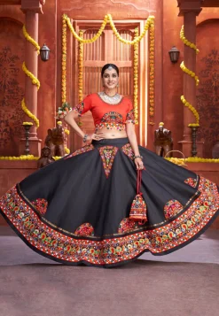 Embroidered Art Silk Lehenga in Black