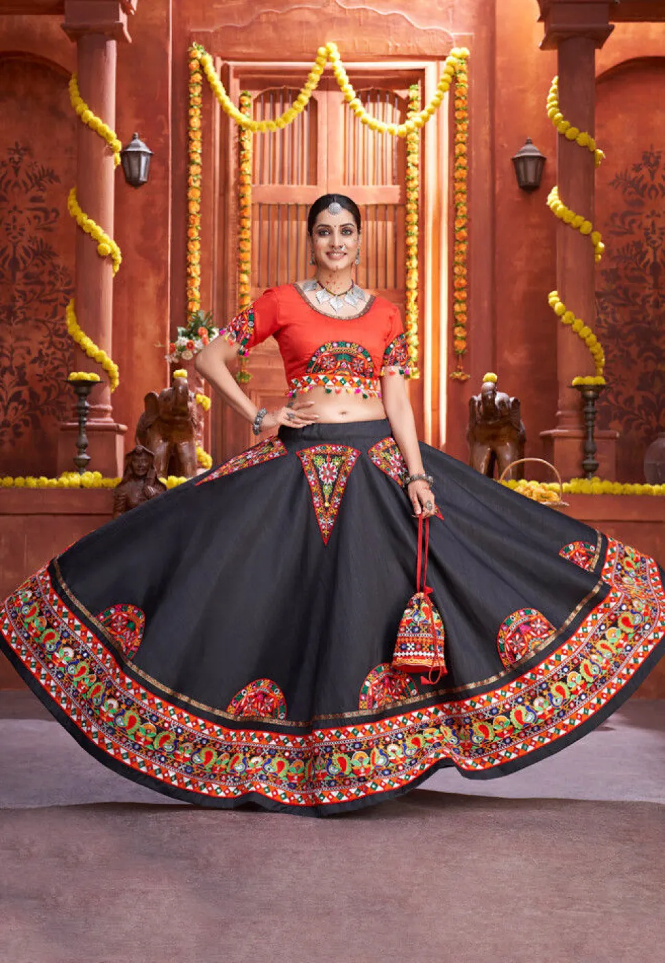 Embroidered Art Silk Lehenga in Black