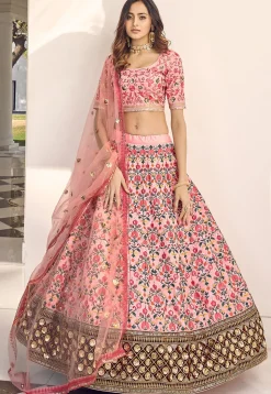 Embroidered Art Silk Lehenga in Peach