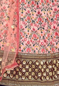 Embroidered Art Silk Lehenga in Peach