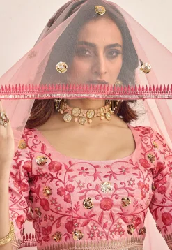 Embroidered Art Silk Lehenga in Peach